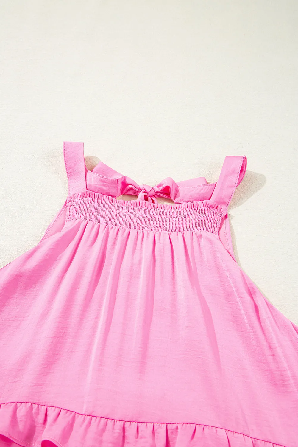 Pink Smocked Neck Knot Back Frilly Tiered Sleeveless Mini Dress