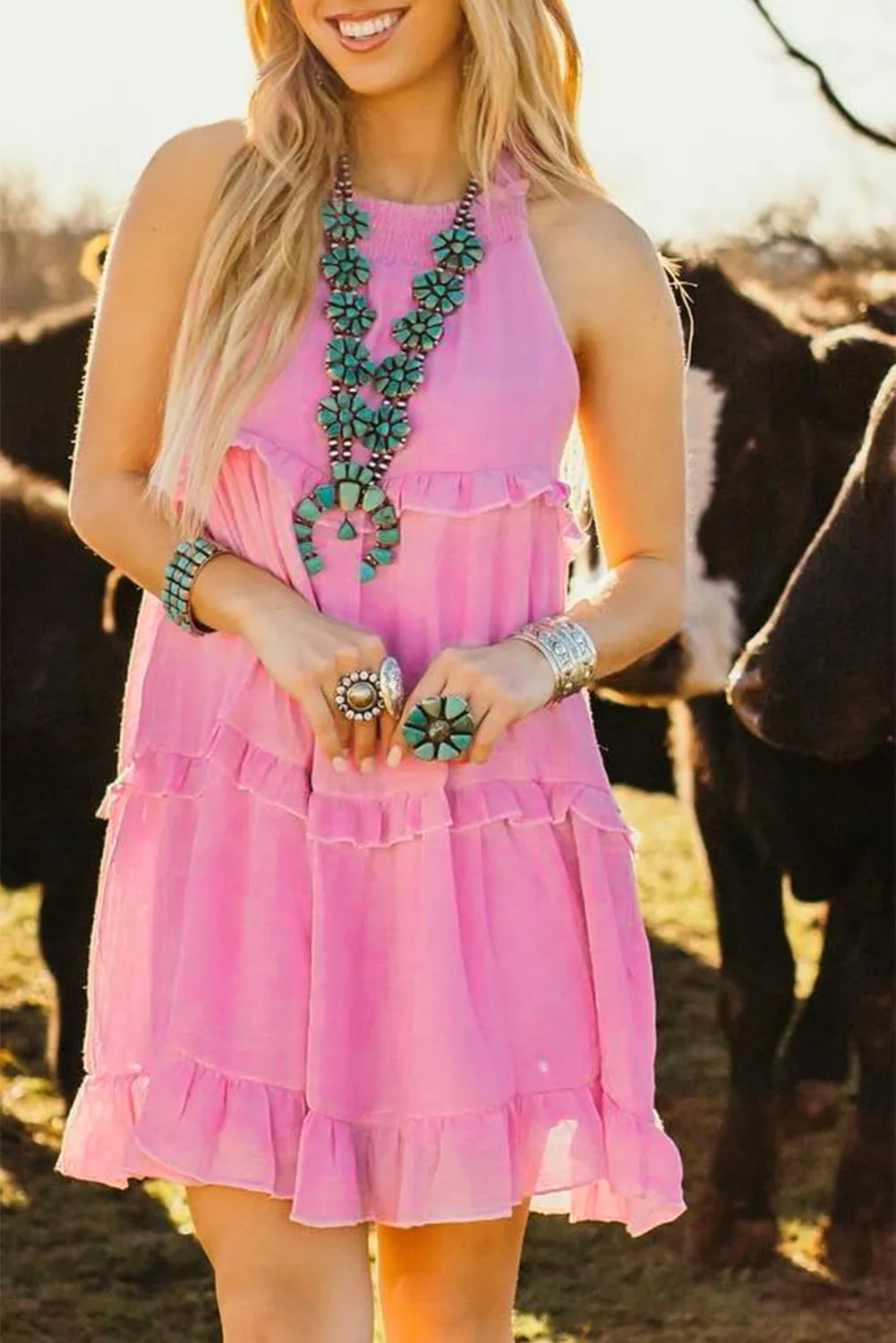 Pink Smocked Neck Knot Back Frilly Tiered Sleeveless Mini Dress