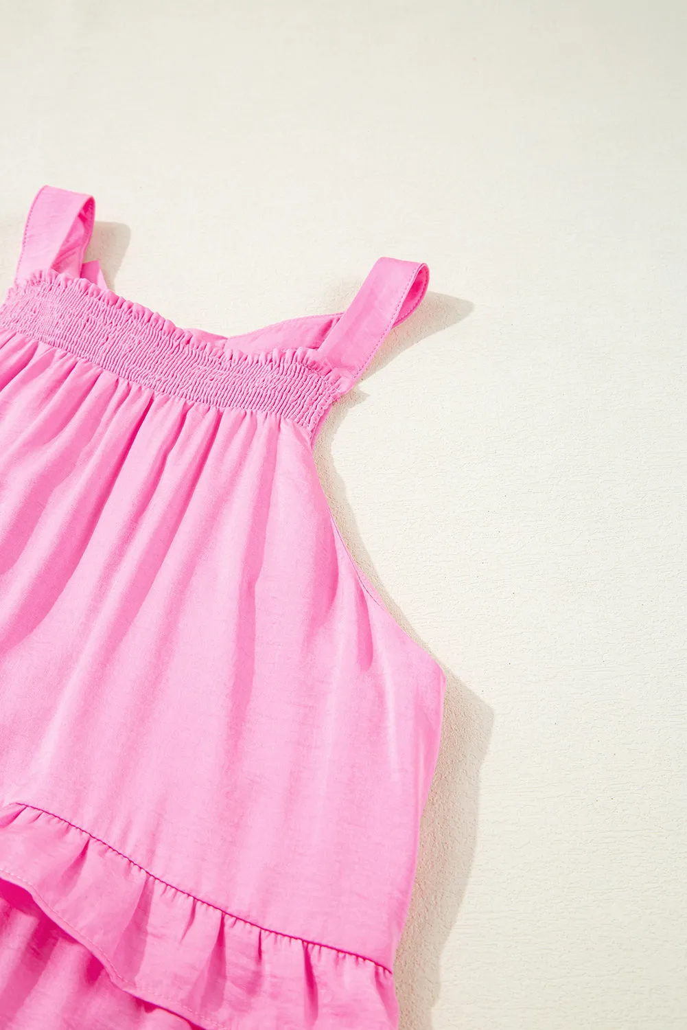 Pink Smocked Neck Knot Back Frilly Tiered Sleeveless Mini Dress