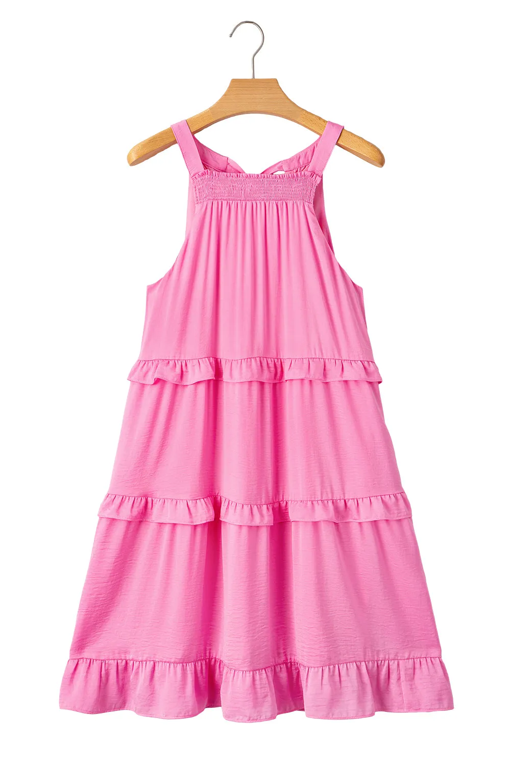 Pink Smocked Neck Knot Back Frilly Tiered Sleeveless Mini Dress