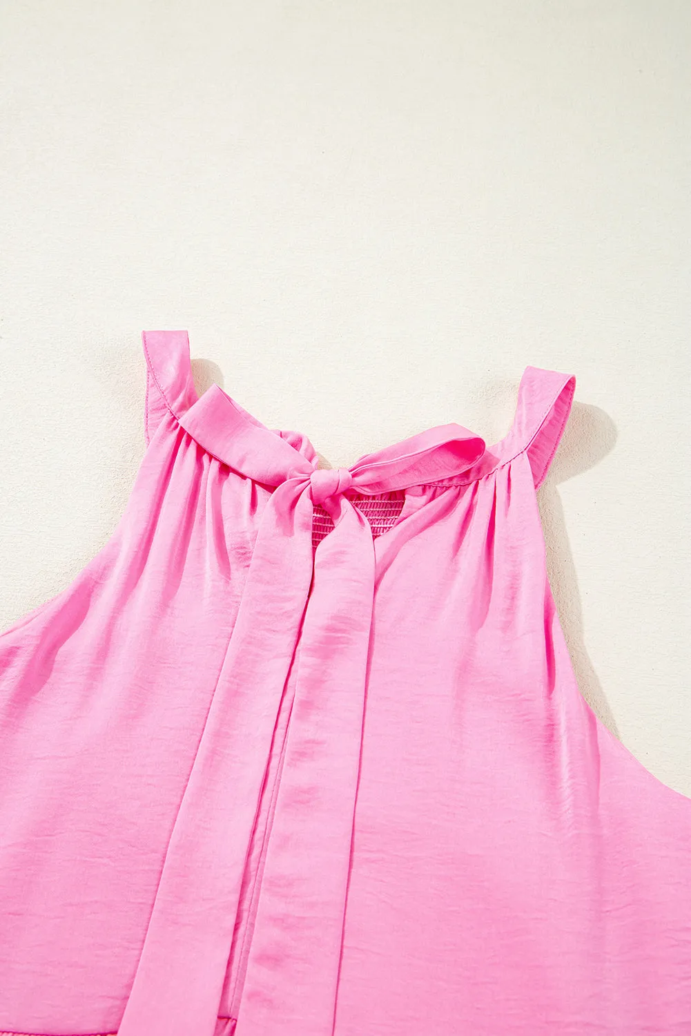 Pink Smocked Neck Knot Back Frilly Tiered Sleeveless Mini Dress