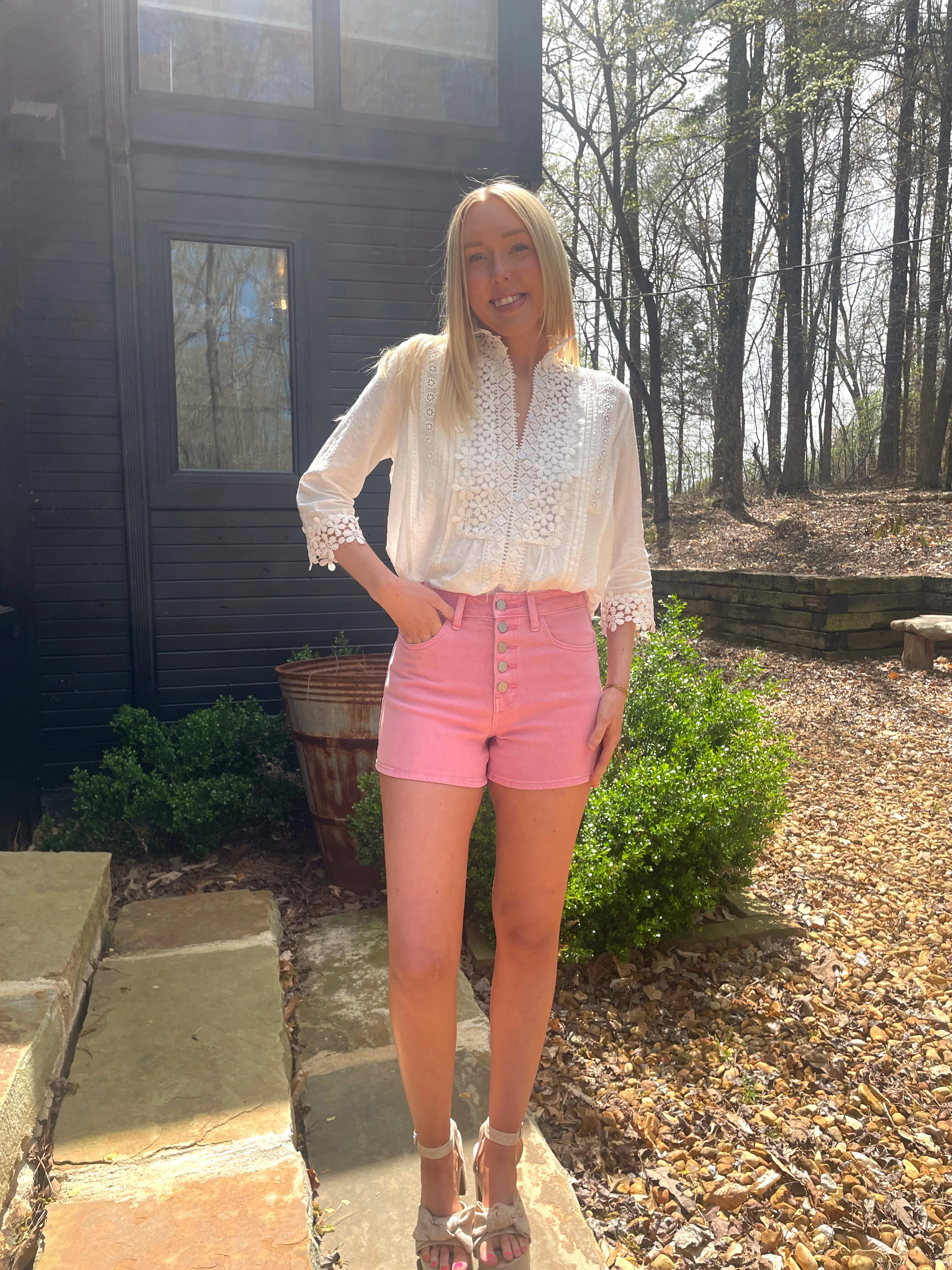 Poppy Button Down Shorts - Pink