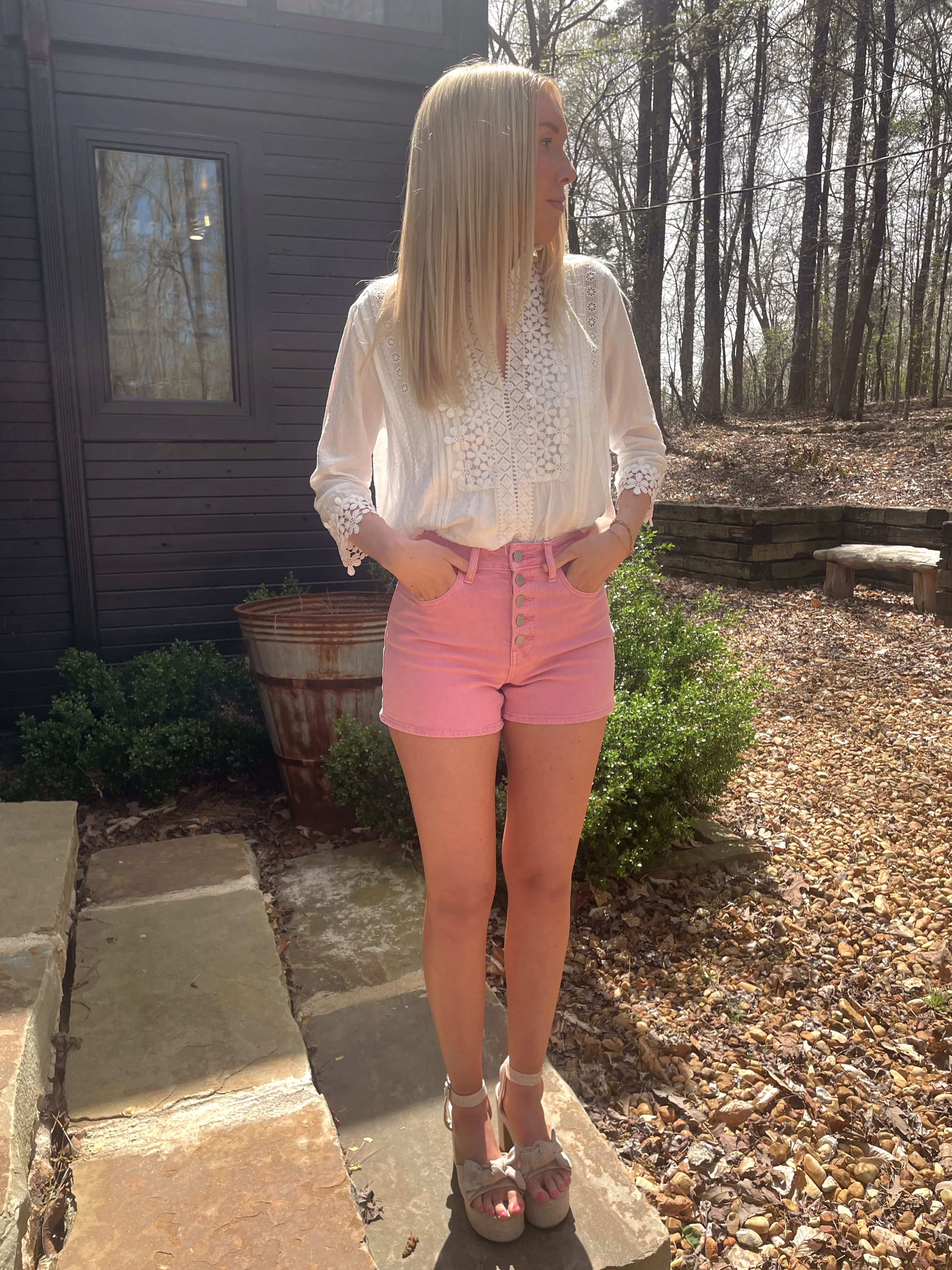 Poppy Button Down Shorts - Pink