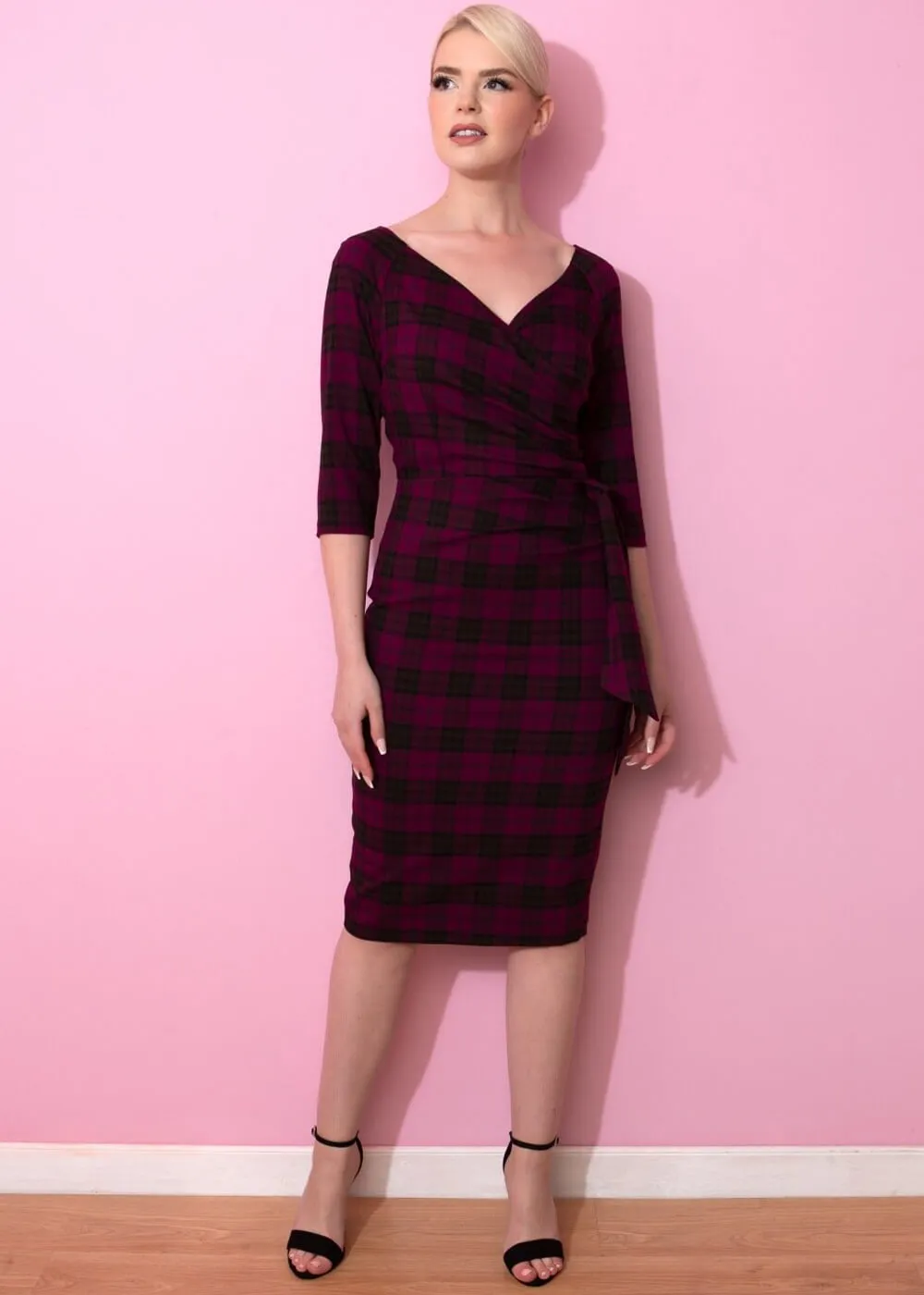 Pretty Dress Company Hourglass Tartan Pencil Dress Berry