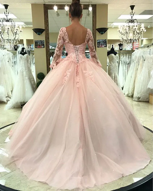 Princess Ball Gown Quinceanera Dresses Lace Appliques Pink Vintage Long Sleeves Tulle Sweet 15 Dress