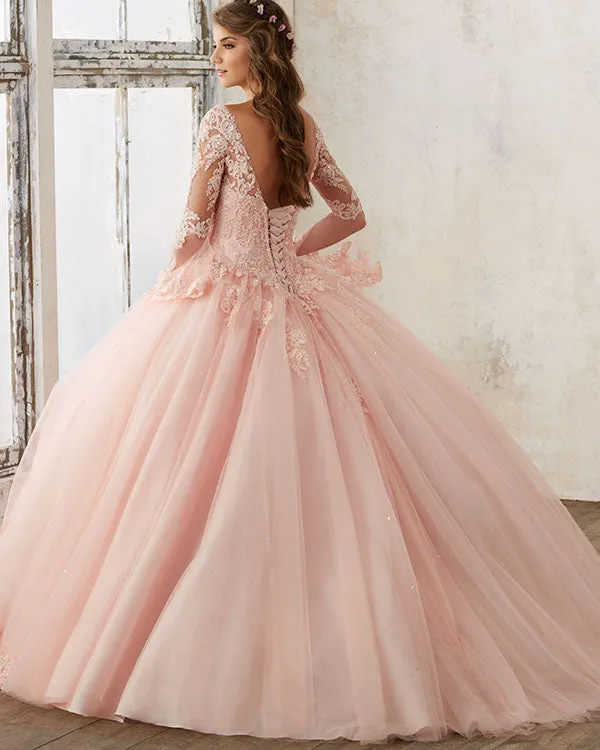 Princess Ball Gown Quinceanera Dresses Lace Appliques Pink Vintage Long Sleeves Tulle Sweet 15 Dress