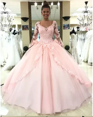 Princess Ball Gown Quinceanera Dresses Lace Appliques Pink Vintage Long Sleeves Tulle Sweet 15 Dress