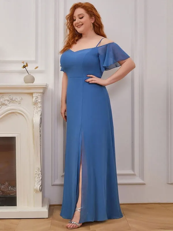 Prom Dress Blue Grey A-Line Off The Shoulder Sleeveless Split Front Chiffon Evening Dress