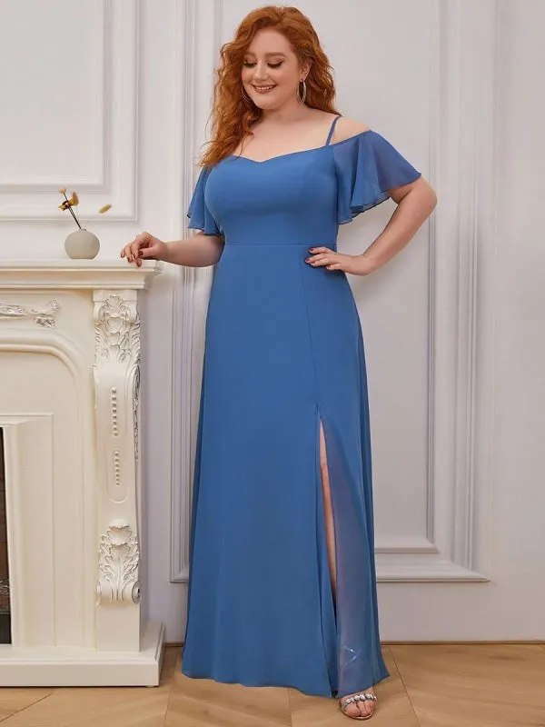 Prom Dress Blue Grey A-Line Off The Shoulder Sleeveless Split Front Chiffon Evening Dress