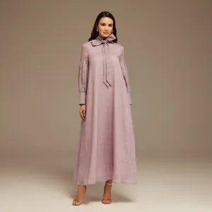 Purple Long Sleeve With Neck Bow Dress
