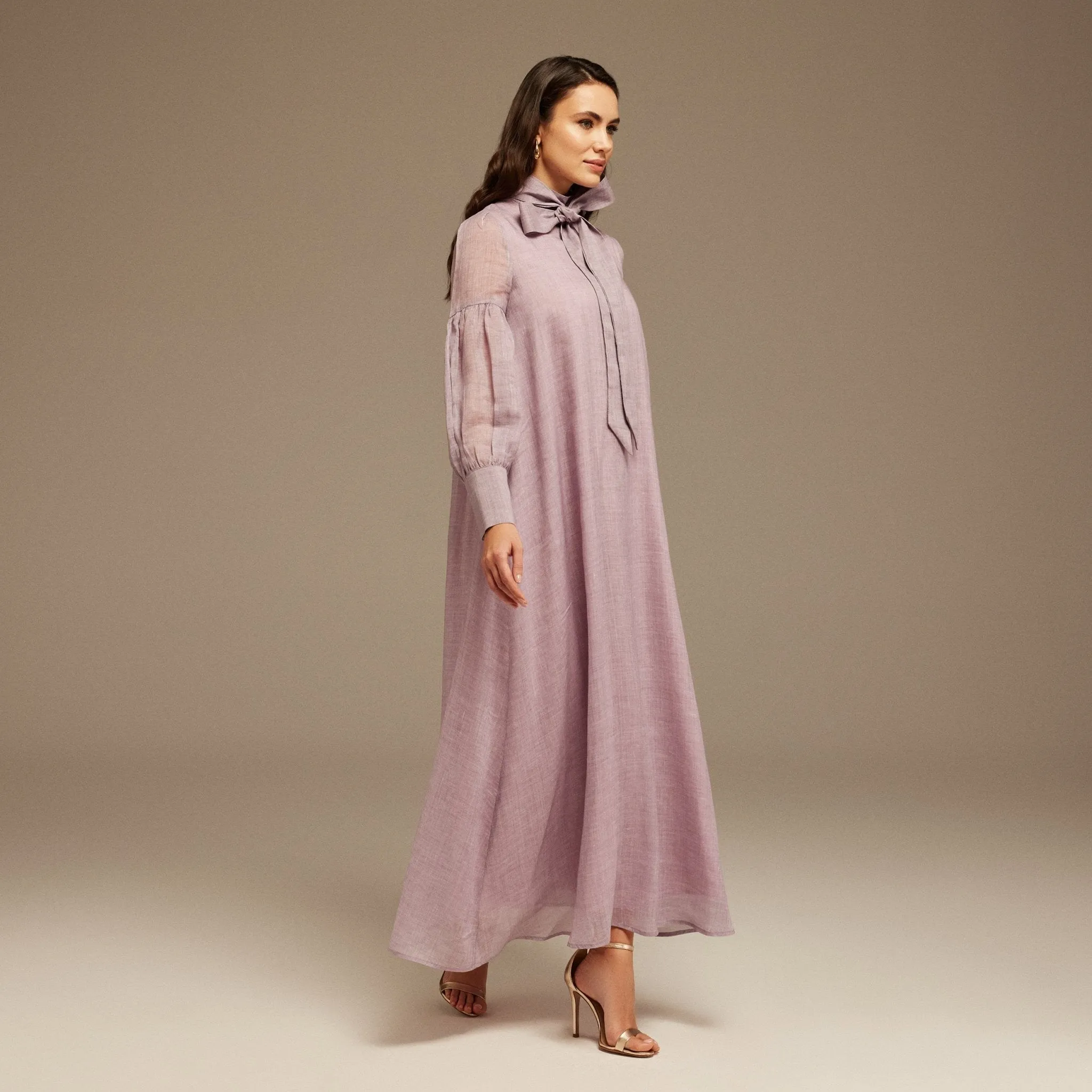 Purple Long Sleeve With Neck Bow Dress