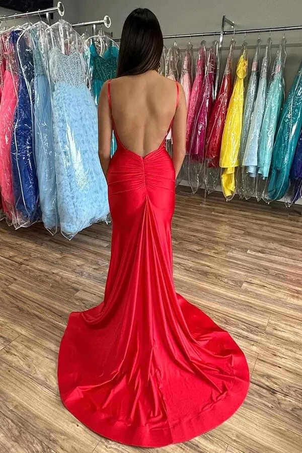 Red Mermaid V-neck Open Back Prom Dresses With Slit, Evening Dress, SP977