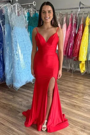 Red Mermaid V-neck Open Back Prom Dresses With Slit, Evening Dress, SP977
