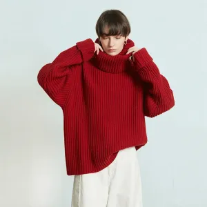 Red Ribbed Turtleneck Sweater