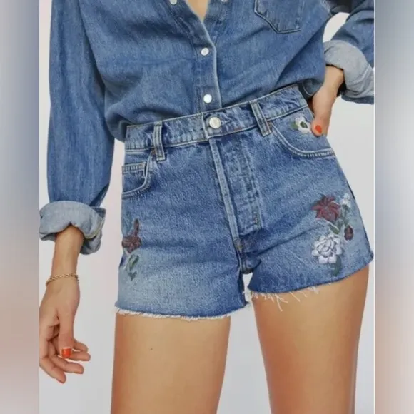 Reformation Cotton Charlie Launa Floral Embroidered Denim Cut Off Shorts Sz 27