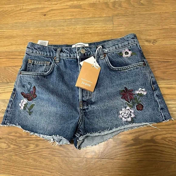 Reformation Cotton Charlie Launa Floral Embroidered Denim Cut Off Shorts Sz 27