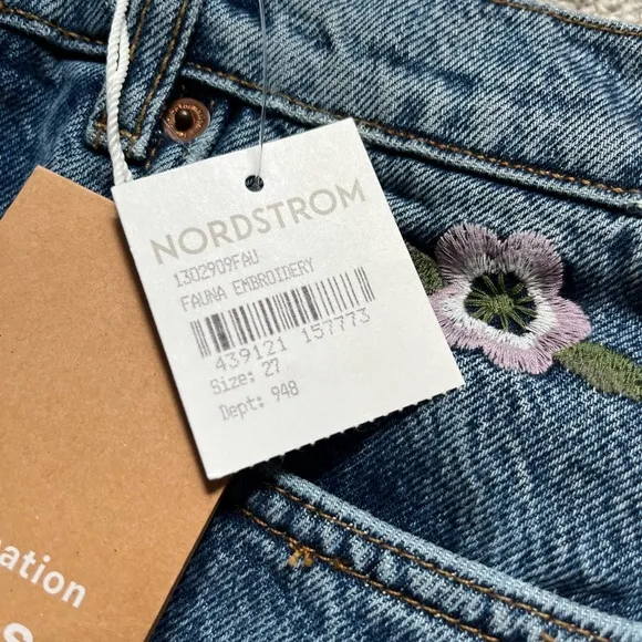 Reformation Cotton Charlie Launa Floral Embroidered Denim Cut Off Shorts Sz 27