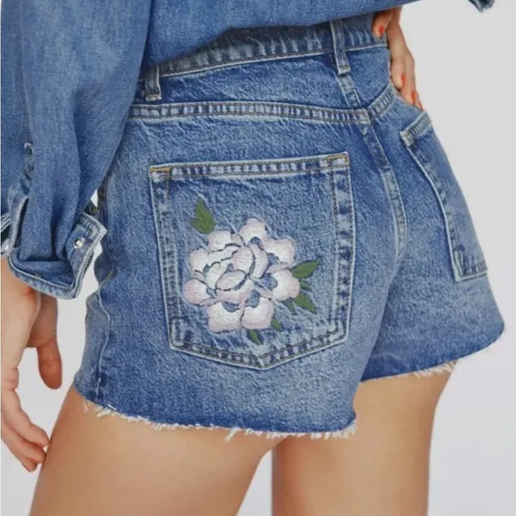Reformation Cotton Charlie Launa Floral Embroidered Denim Cut Off Shorts Sz 27