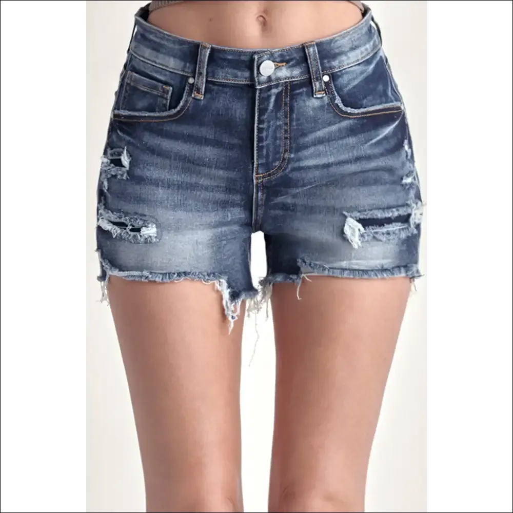RISEN Mid Rise Raw Hem Denim Shorts