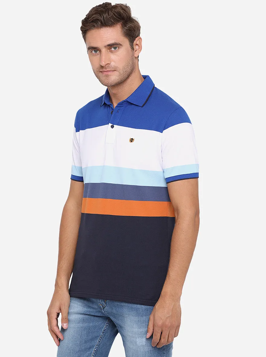 Royal Blue Striped Slim Fit Polo T-Shirt | JadeBlue