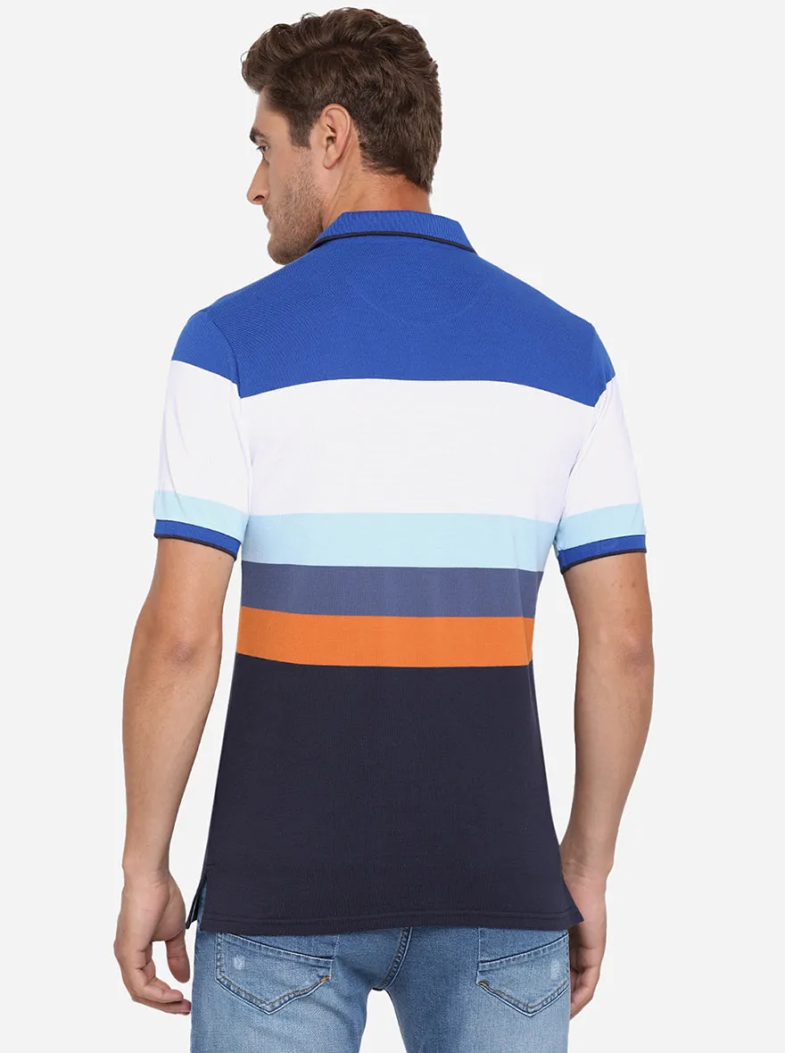 Royal Blue Striped Slim Fit Polo T-Shirt | JadeBlue