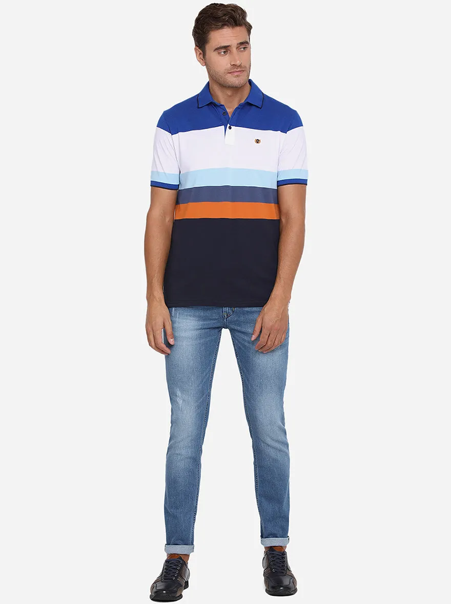 Royal Blue Striped Slim Fit Polo T-Shirt | JadeBlue