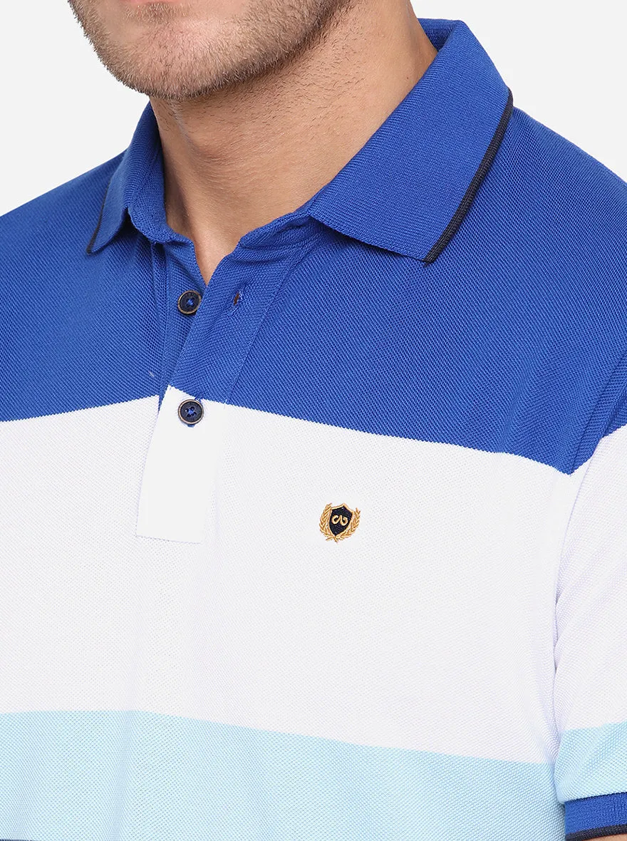 Royal Blue Striped Slim Fit Polo T-Shirt | JadeBlue