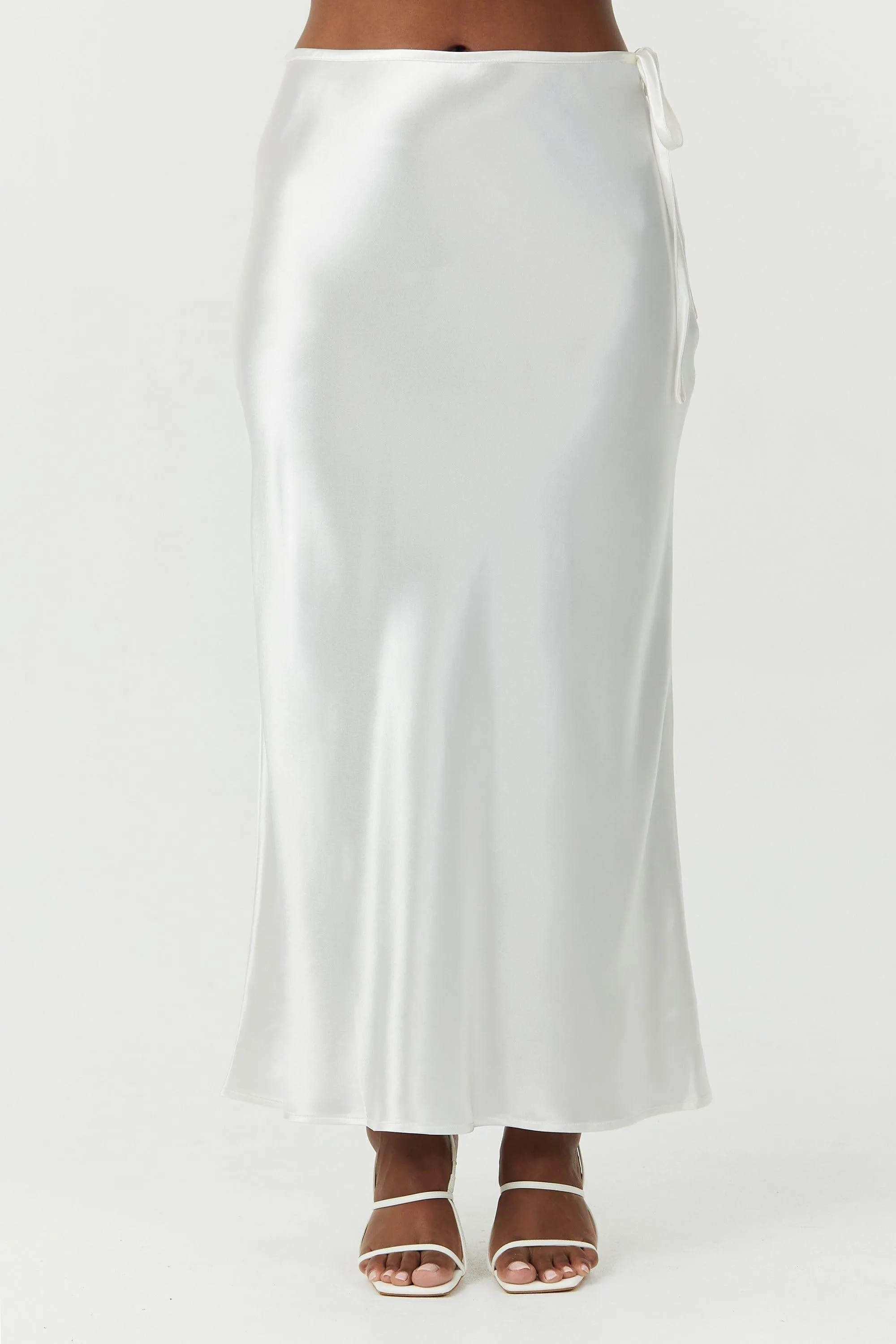 SATIN BIAS TIE SIDE SKIRT | POWDER WHITE