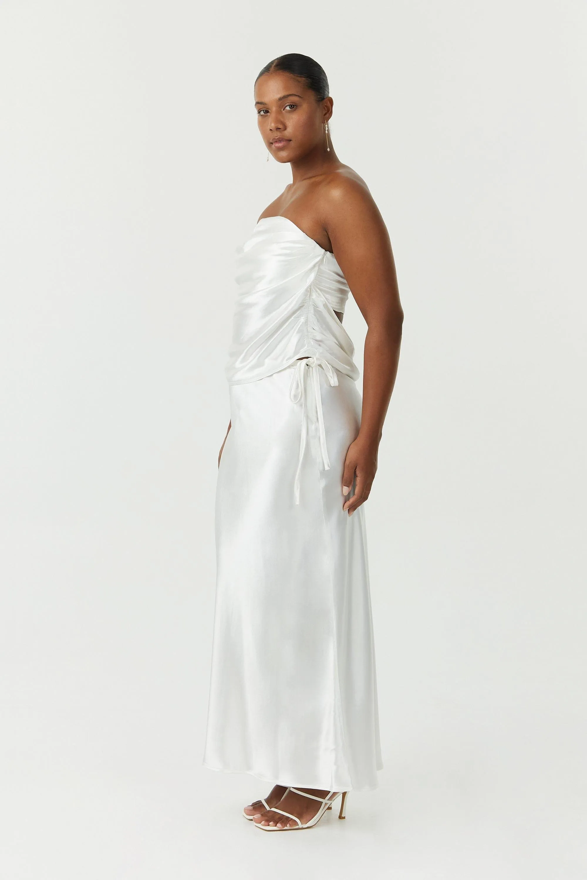 SATIN BIAS TIE SIDE SKIRT | POWDER WHITE
