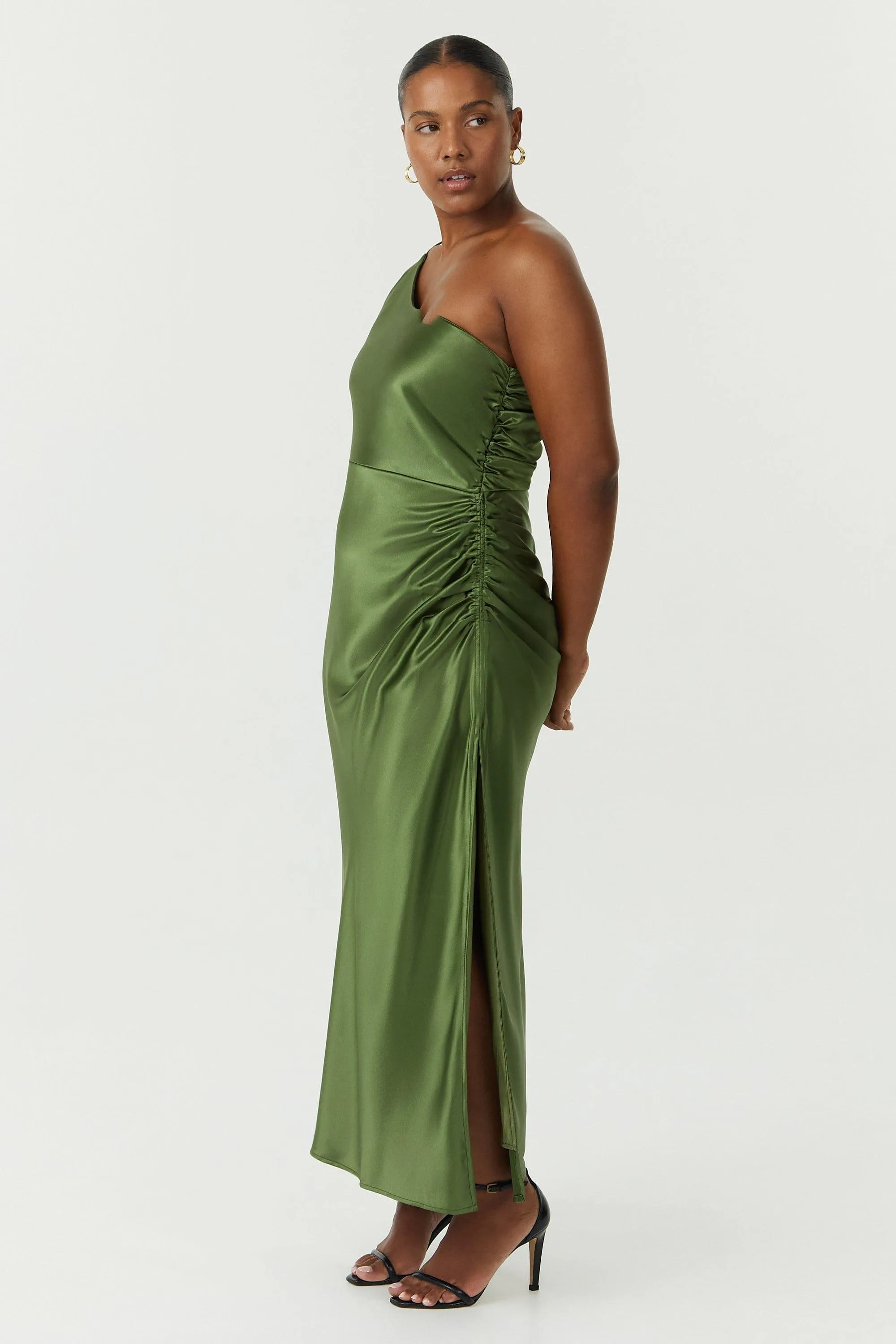 SATIN GATHER ONE SHOULDER DRESS | OLIVE