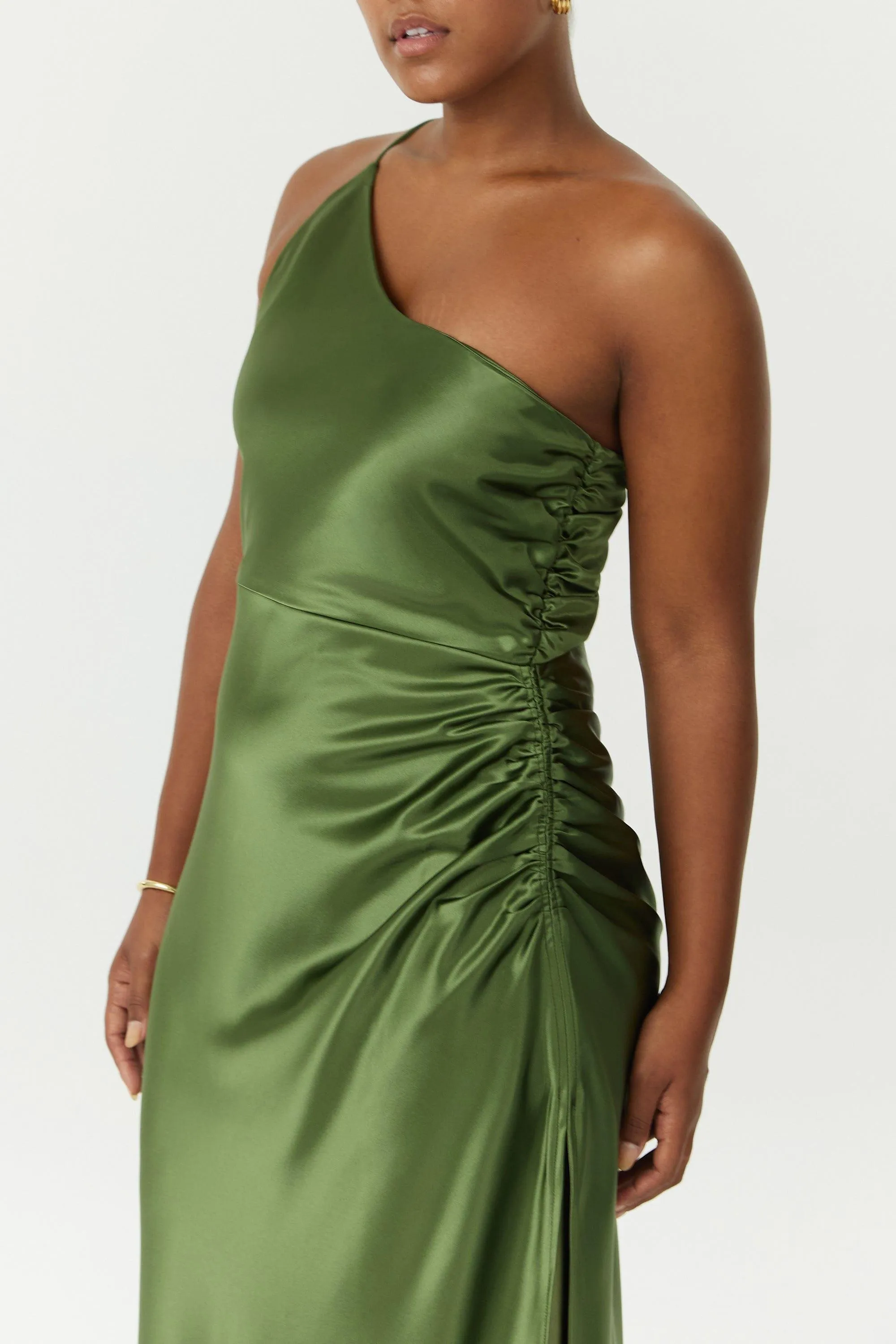 SATIN GATHER ONE SHOULDER DRESS | OLIVE