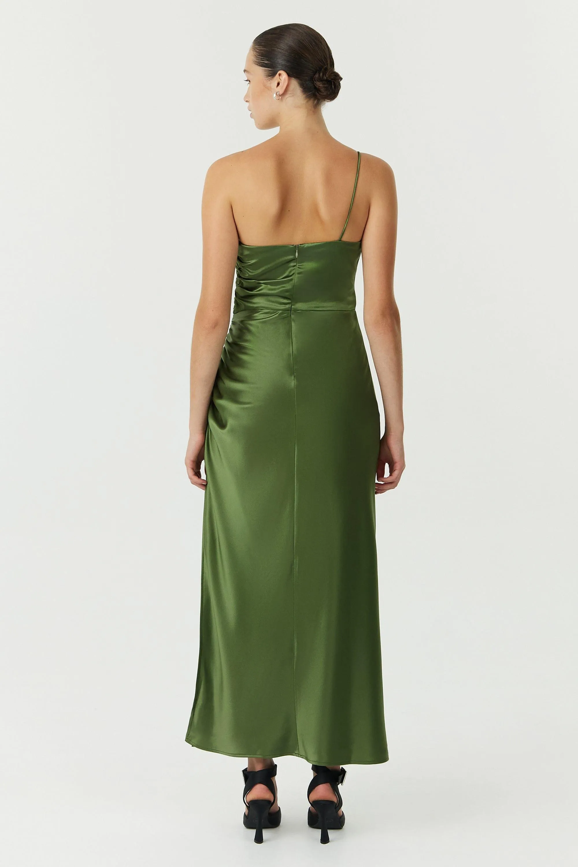 SATIN GATHER ONE SHOULDER DRESS | OLIVE