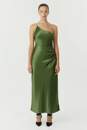 SATIN GATHER ONE SHOULDER DRESS | OLIVE