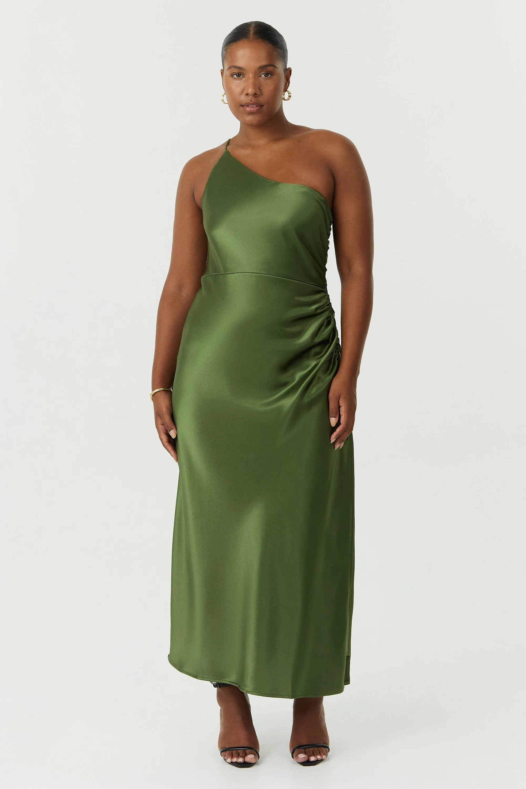 SATIN GATHER ONE SHOULDER DRESS | OLIVE