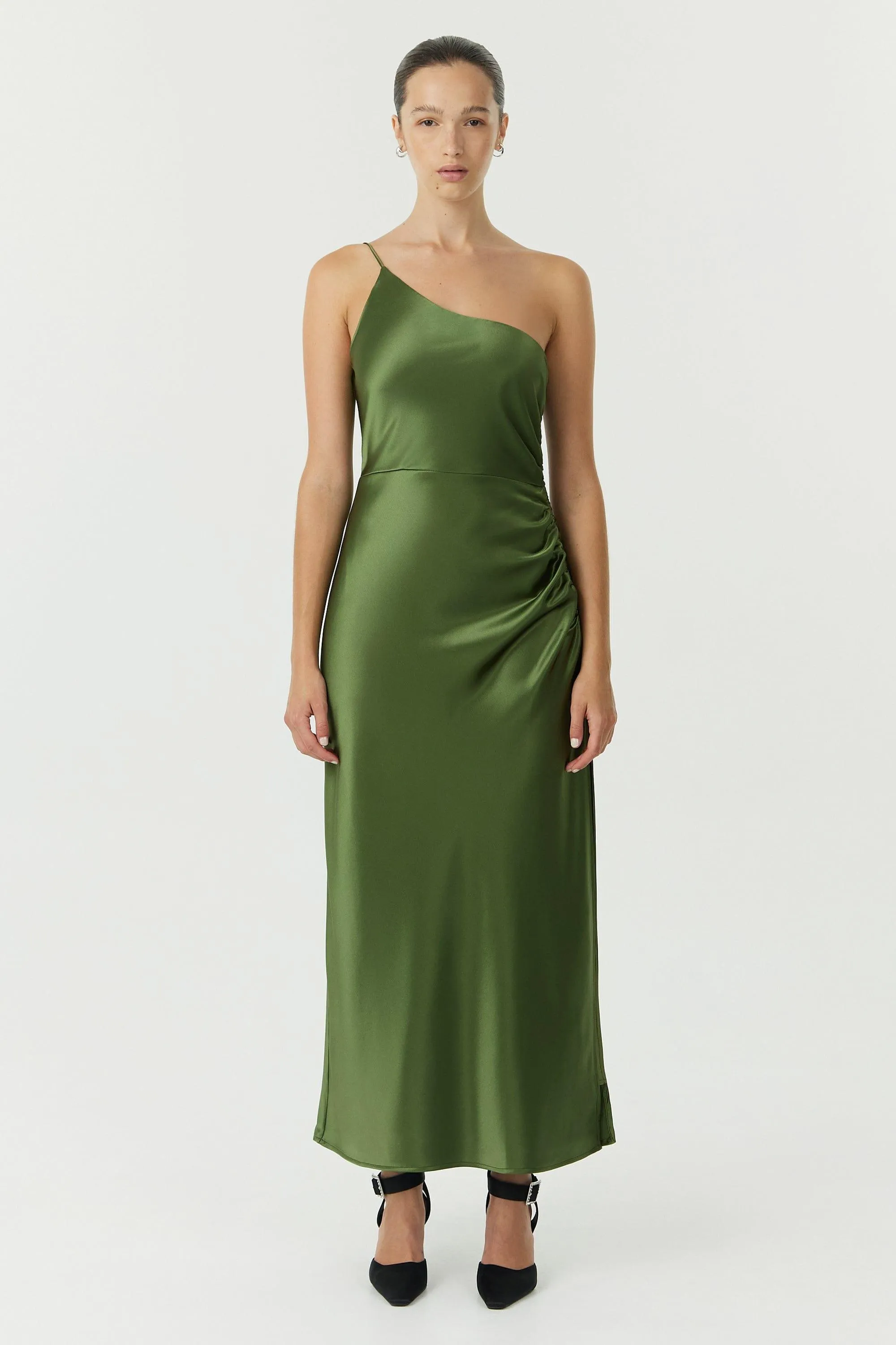 SATIN GATHER ONE SHOULDER DRESS | OLIVE