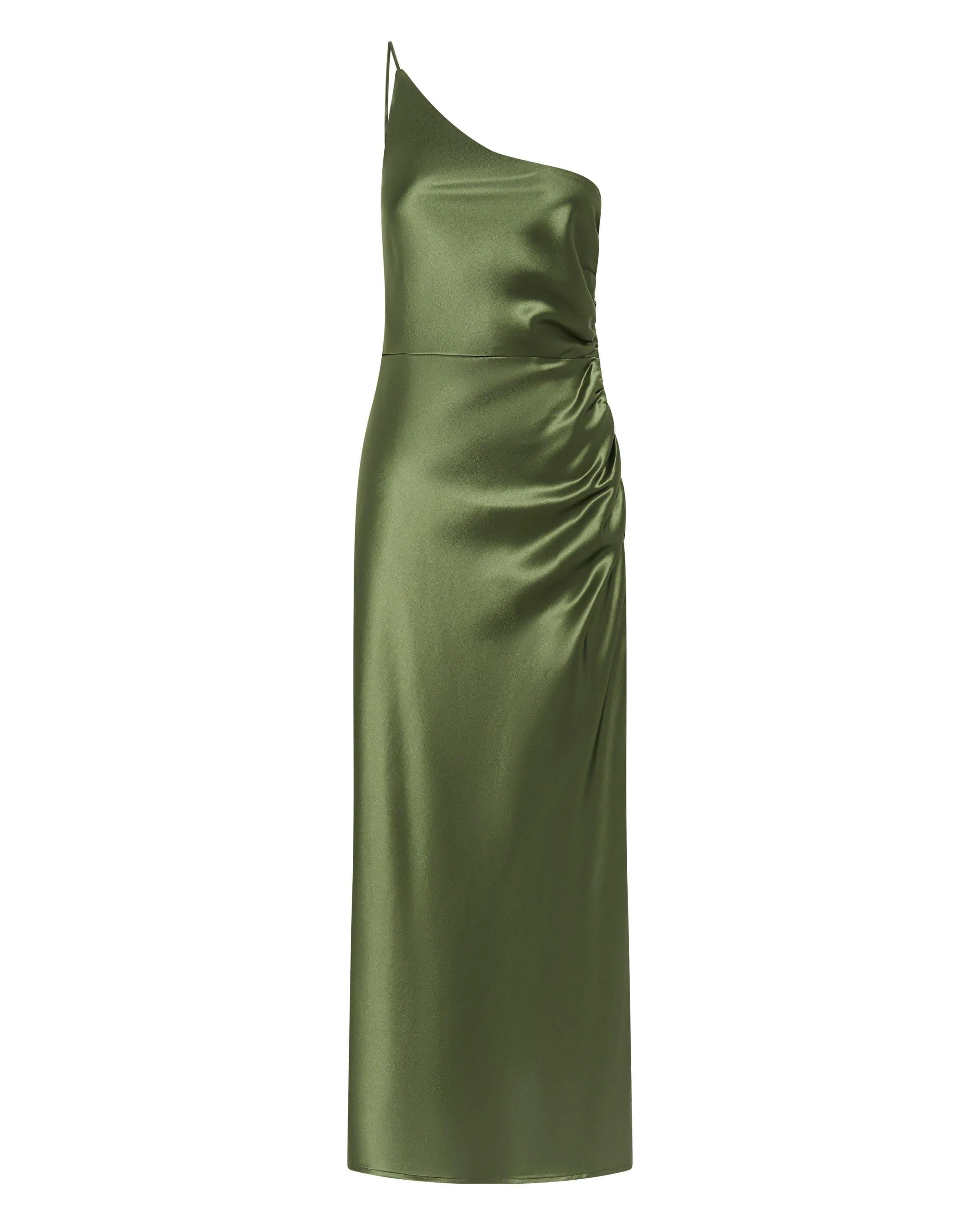 SATIN GATHER ONE SHOULDER DRESS | OLIVE