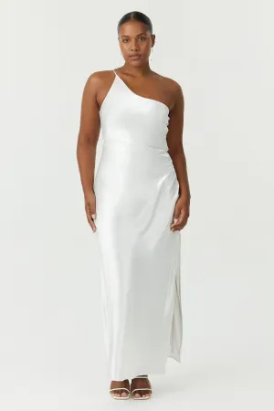 SATIN GATHER ONE SHOULDER DRESS | POWDER WHITE