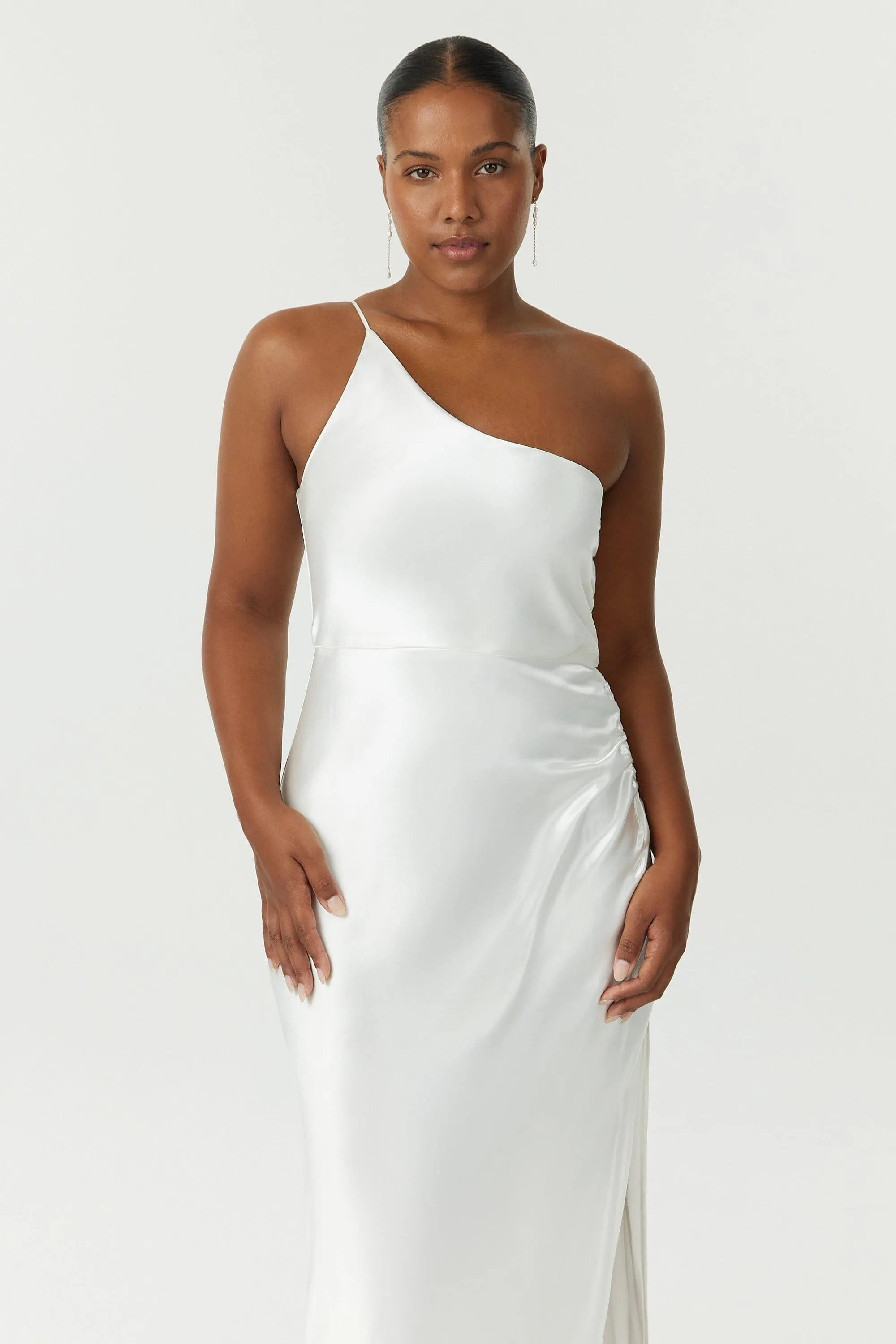 SATIN GATHER ONE SHOULDER DRESS | POWDER WHITE