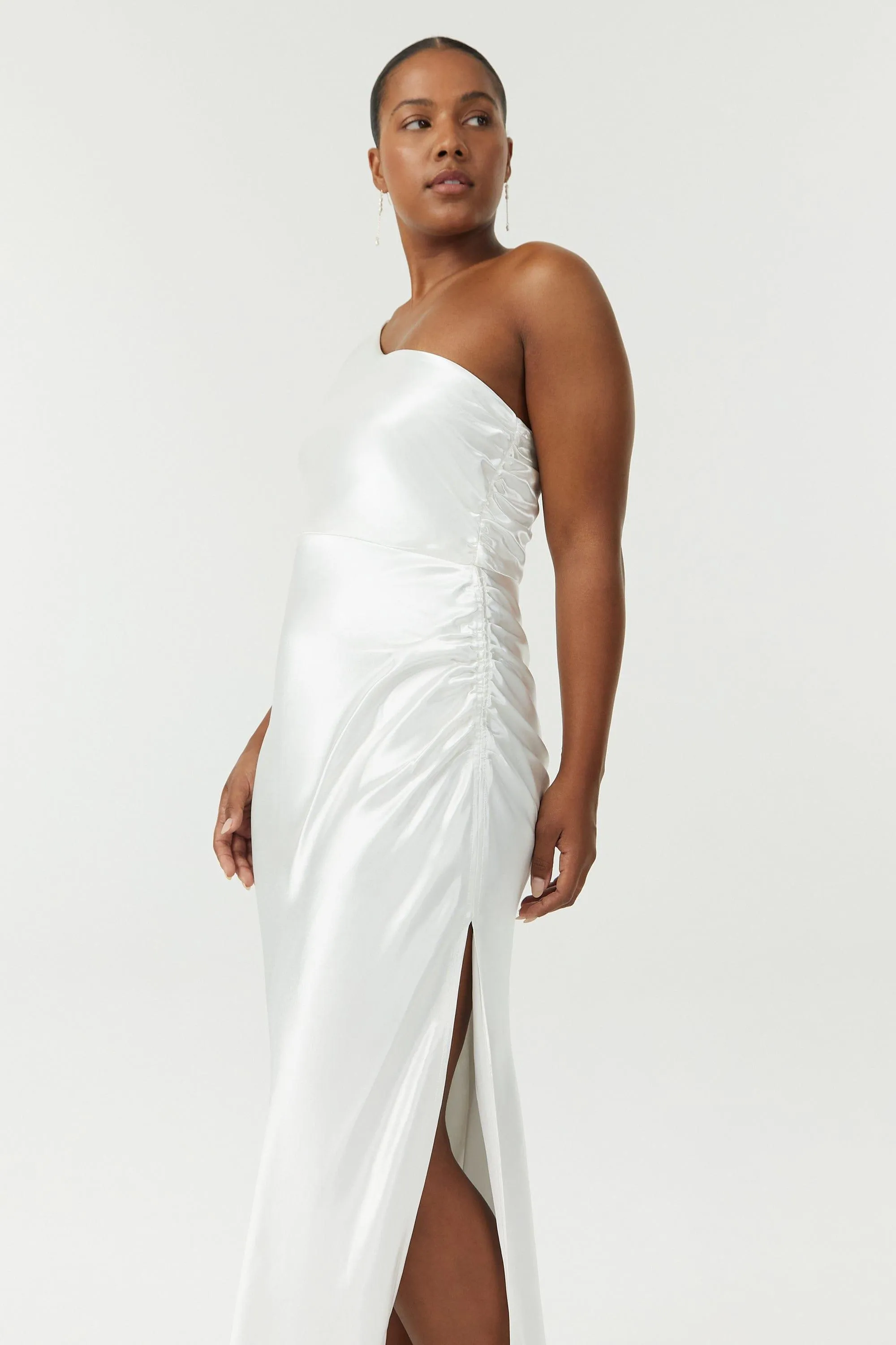 SATIN GATHER ONE SHOULDER DRESS | POWDER WHITE