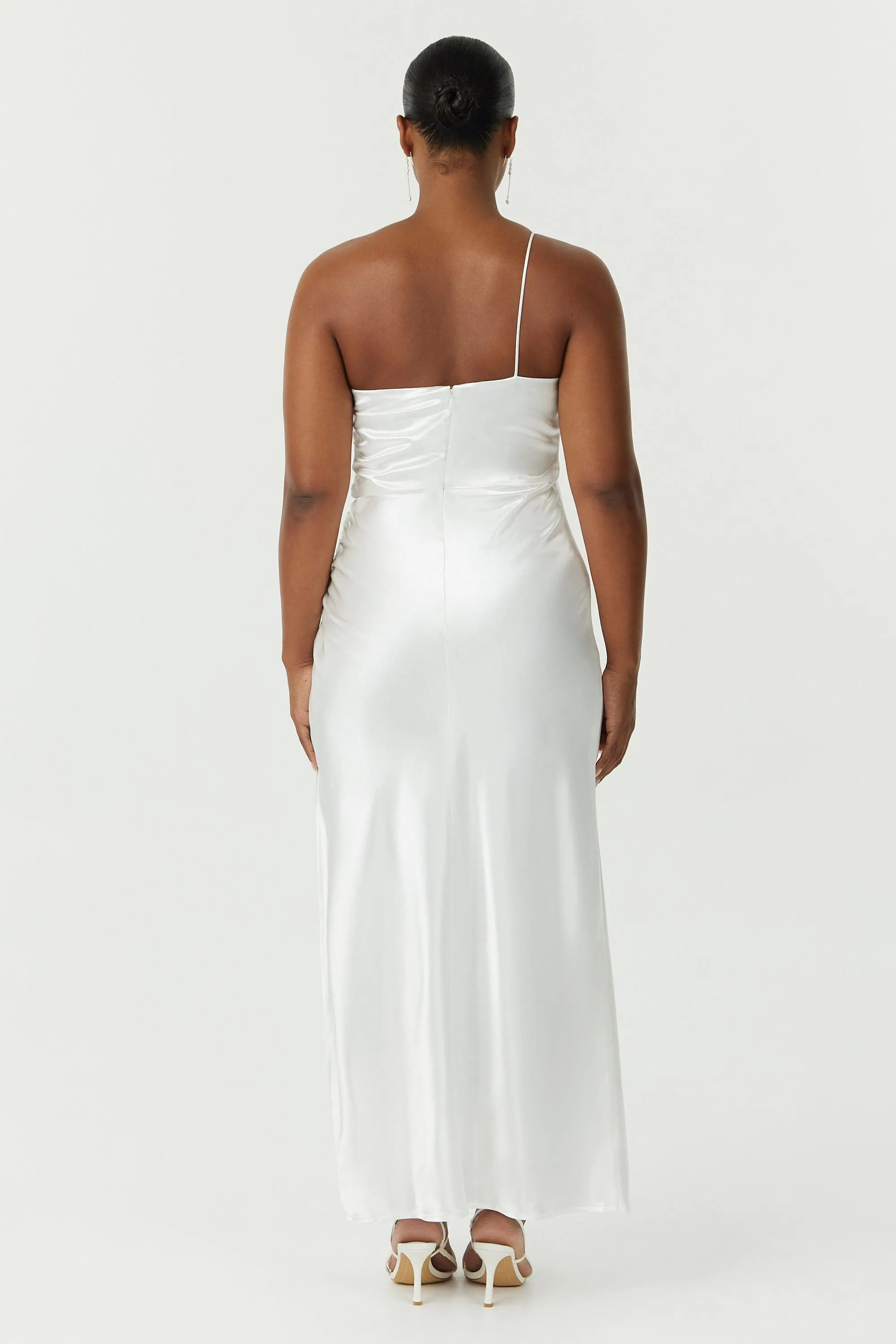 SATIN GATHER ONE SHOULDER DRESS | POWDER WHITE
