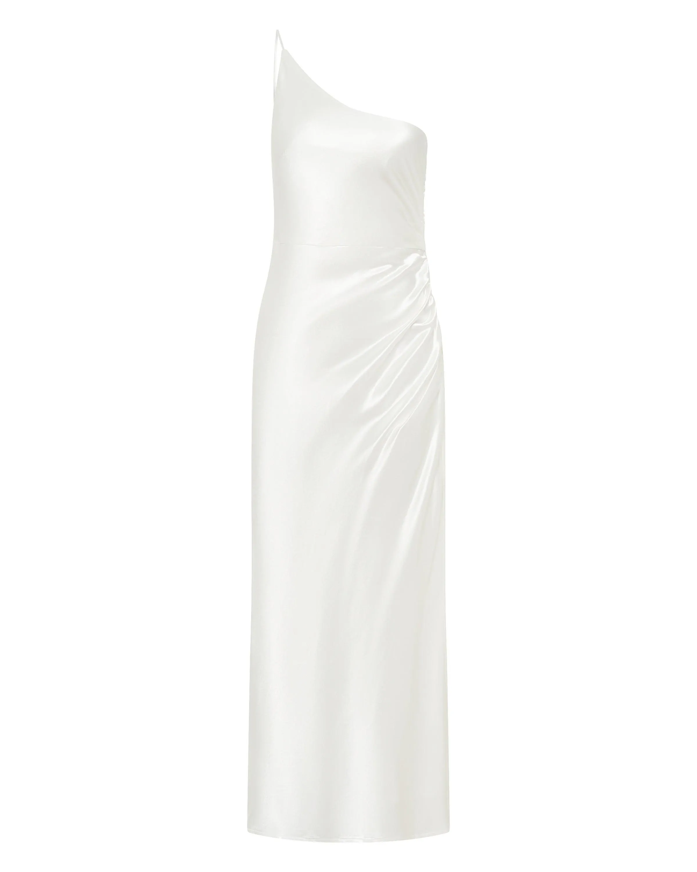 SATIN GATHER ONE SHOULDER DRESS | POWDER WHITE
