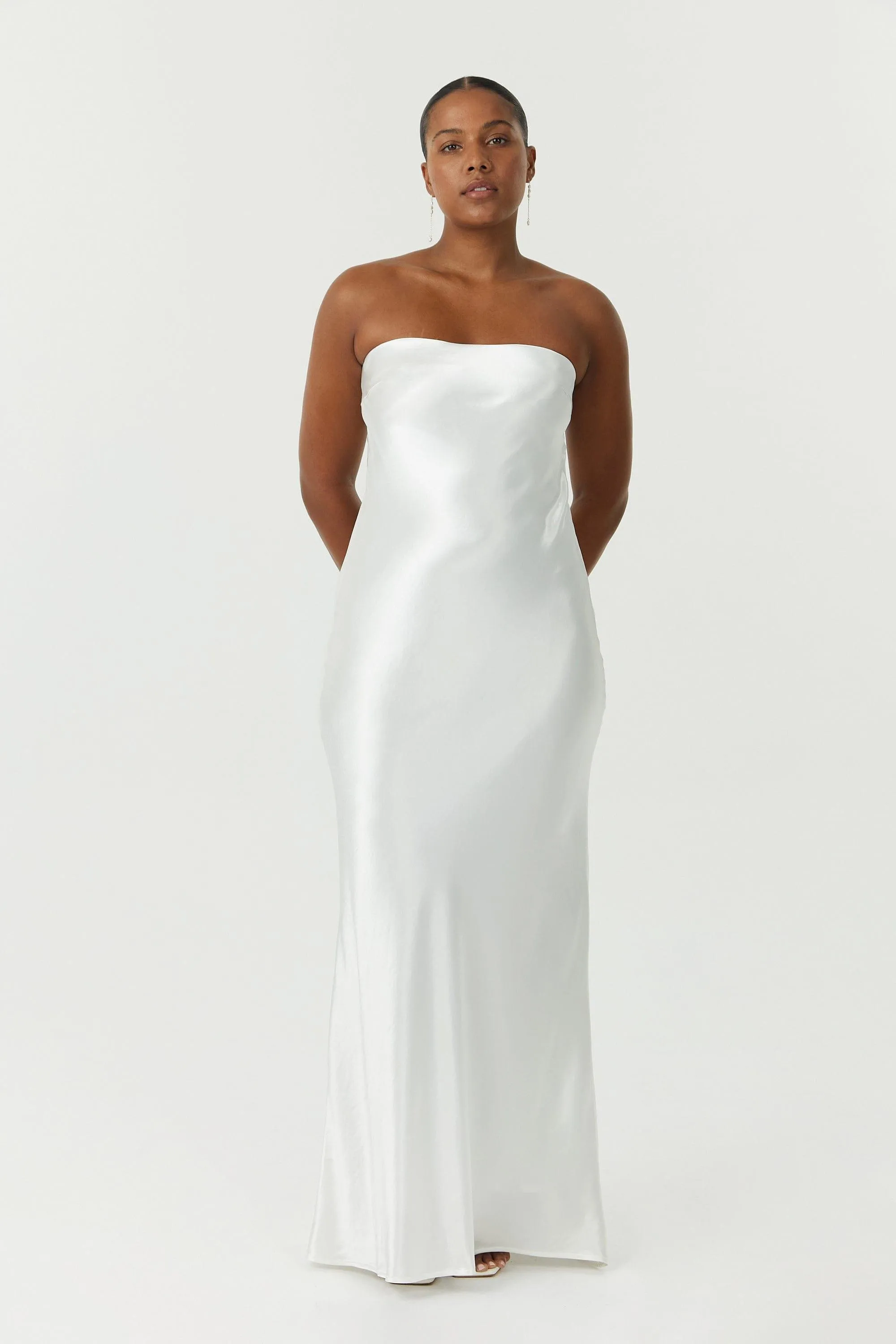 SATIN TIE BACK STRAPLESS MAXI | POWDER WHITE