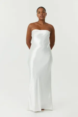 SATIN TIE BACK STRAPLESS MAXI | POWDER WHITE