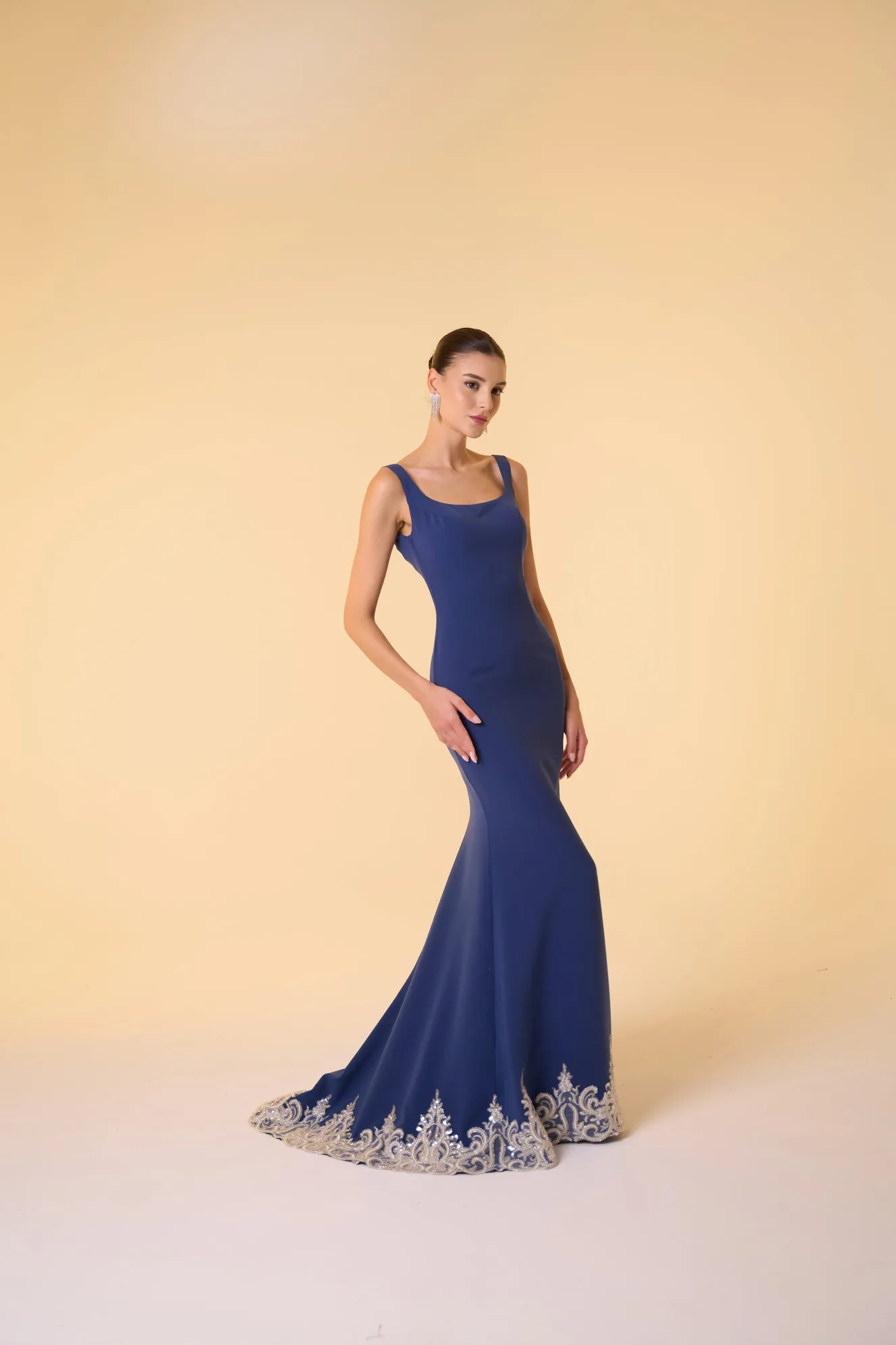 Scoop neck crepe gown with embellished hem