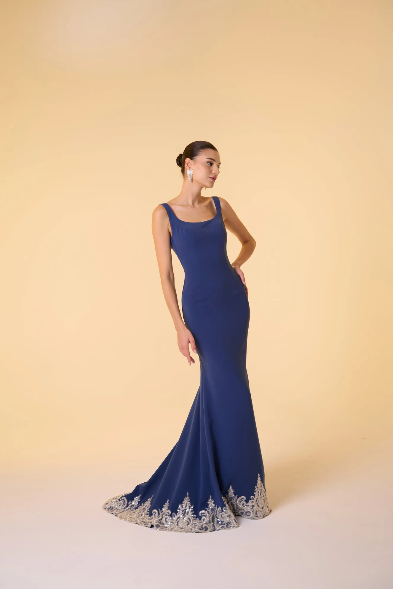 Scoop neck crepe gown with embellished hem