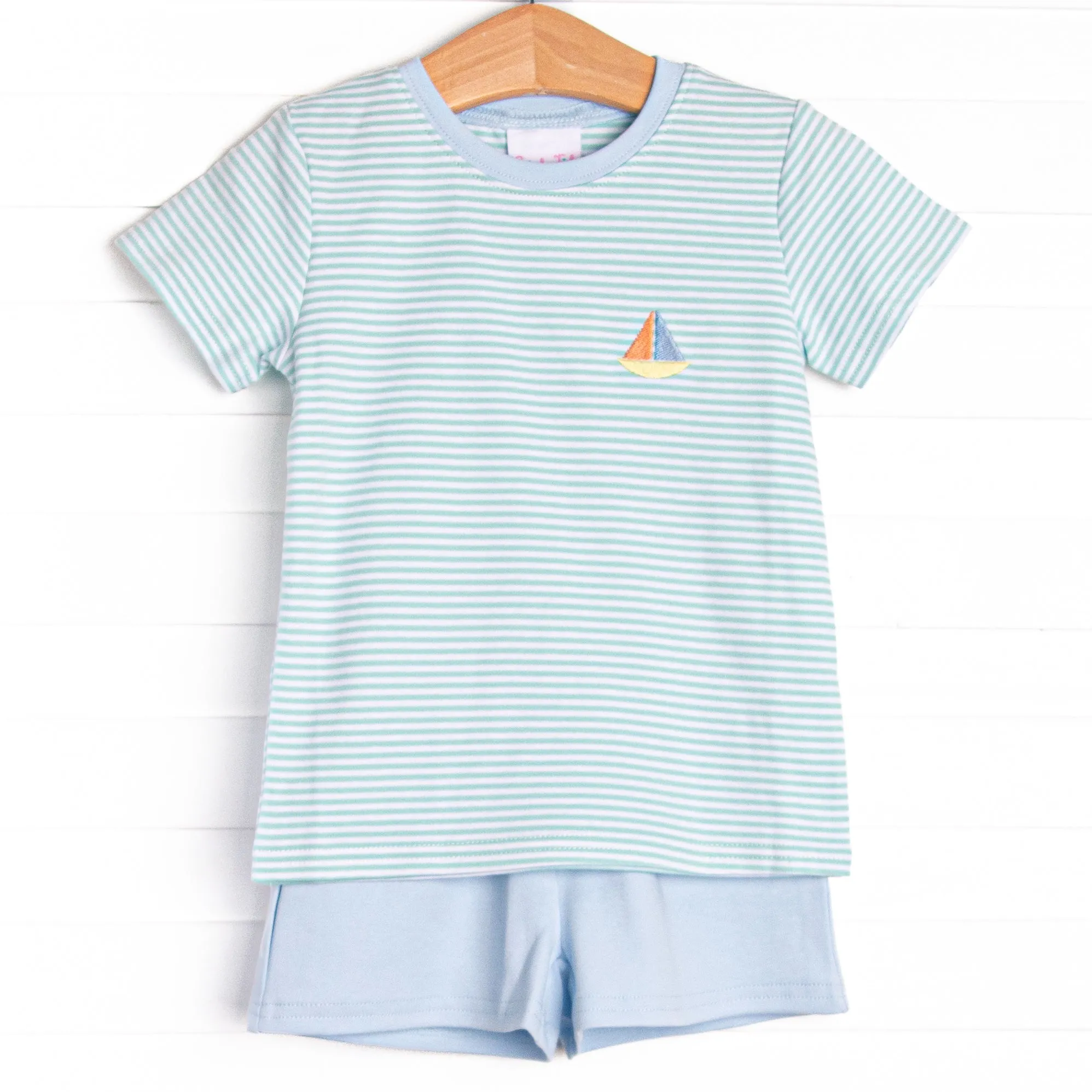 Seafoam Sails Pima Embroidered Short Set, Blue