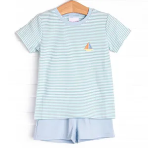 Seafoam Sails Pima Embroidered Short Set, Blue