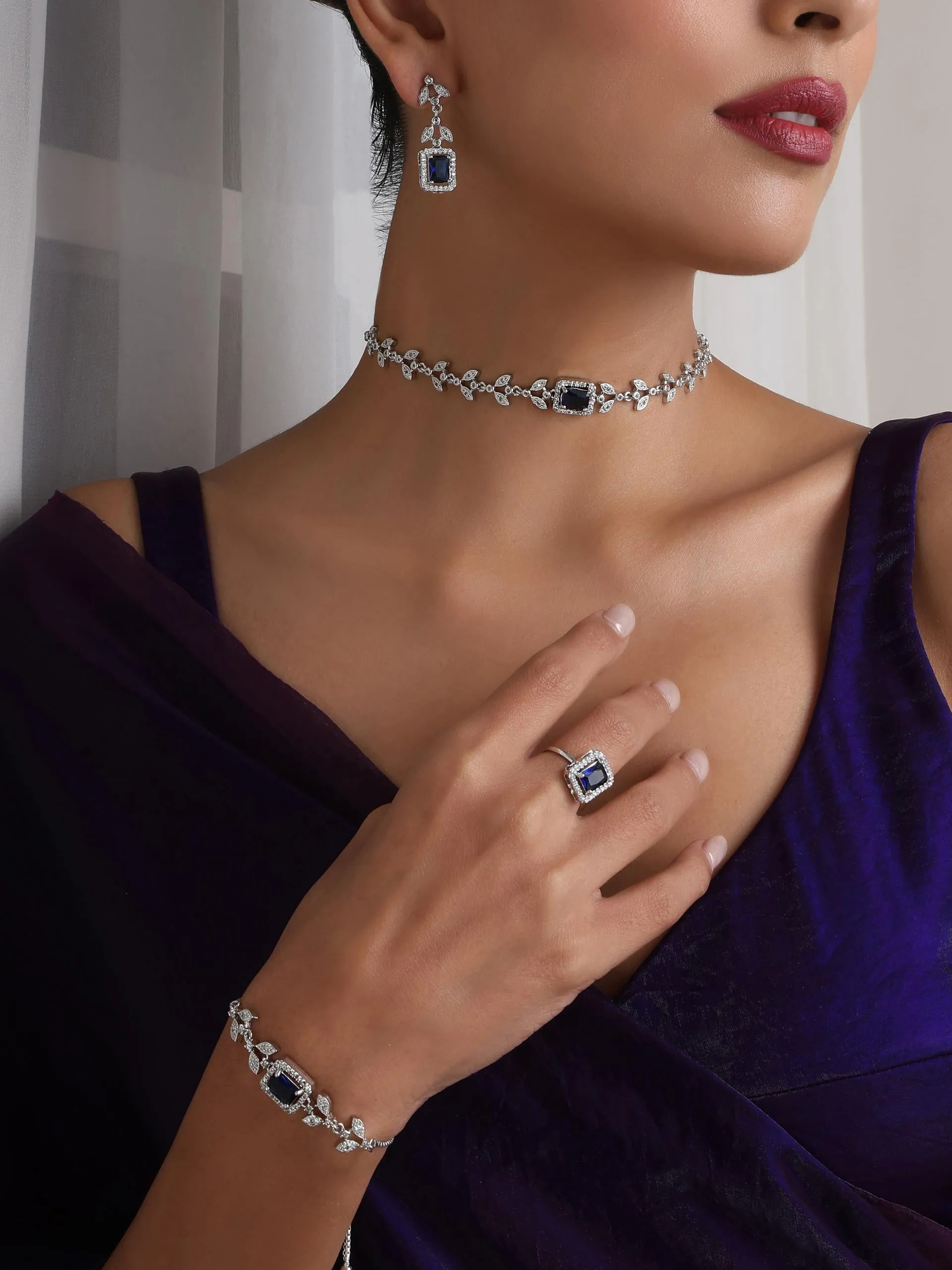 SET - Blue Petal Diamond Necklace, Earring, Ring, Bracelet