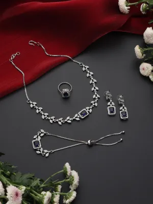 SET - Blue Petal Diamond Necklace, Earring, Ring, Bracelet