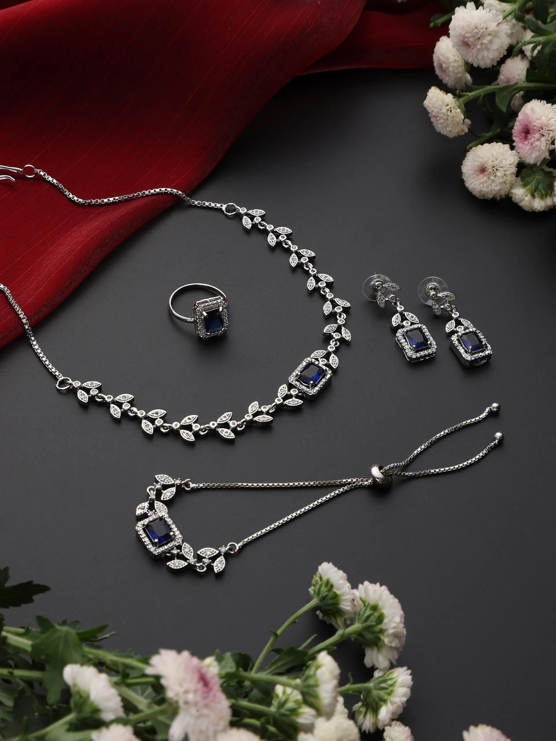 SET - Blue Petal Diamond Necklace, Earring, Ring, Bracelet